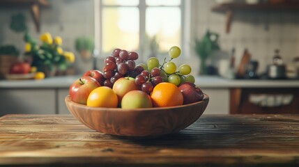 Fresh fruit bowl on rustic kitchen table. (1)
