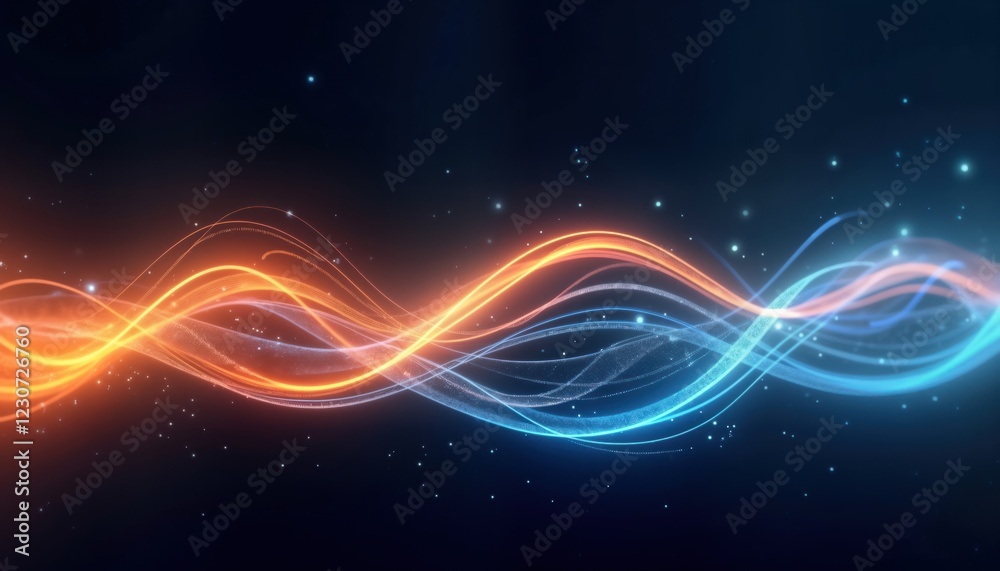 Poster dynamic abstract design with glowing orange, blue lines creating wavy patterns on dark background. m