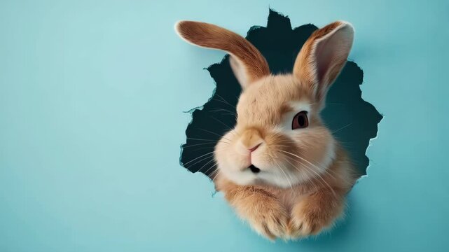 Curious rabbit breaking through blue paper wall in animated sequence