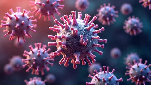 Close up of a virus with pink and blue colors. The virus is surrounded by a blue background
