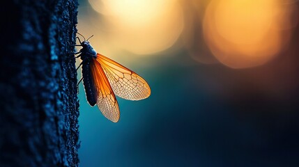  A sharp image of a bug on the edge of a tree, with a focus on the subject and a blurred background