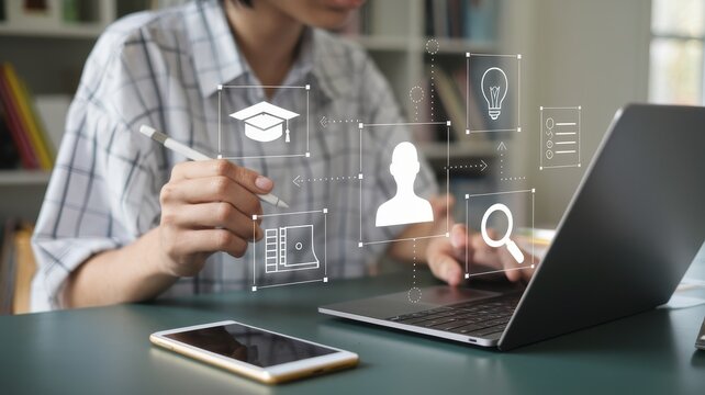 Person Using Laptop for Online Education, E-learning, or Distance Learning