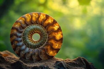 A mesmerizing ammonite fossil, showcasing its intricate spiral structure and vibrant colors against a blurred natural background.