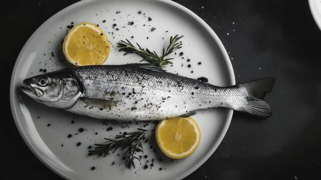 Fresh fish preparation with lemons and herbs on plate