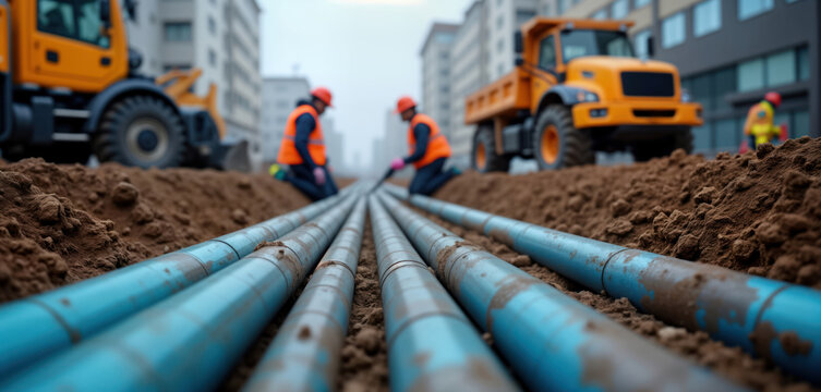 Urban construction site shows workers installing underground water sewer, fiber optic pipes. Construction crew lays utilities in trench. Heavy machinery nearby. Infrastructure project in progress.