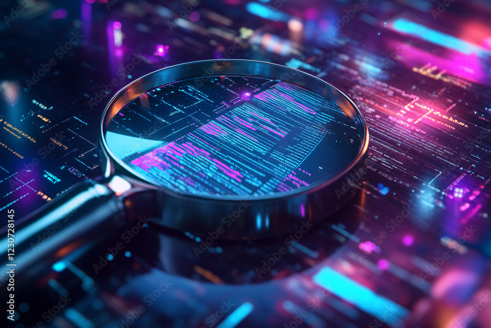 Poster Magnifying glass over glowing code on a digital screen, symbolizing data analysis, technology, and cybersecurity, showcasing the concept of examining and understanding complex systems