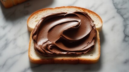 Spread of chocolate hazelnut cream on slice of bread in a kitchen setting