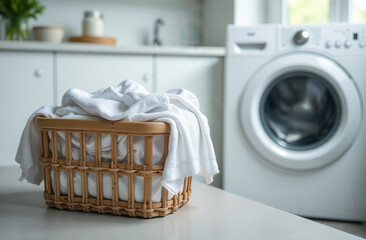 Washing machine and laundry basket in the laundry room. A basket with dirty clothes near the washing machine in the house.
