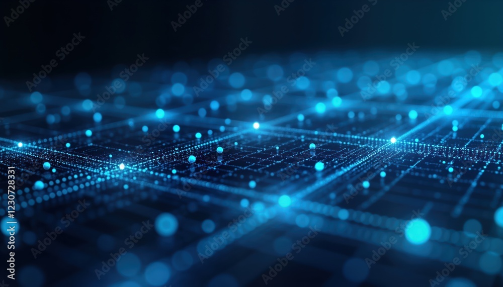Poster futuristic abstract tech background. blue grid with dots, squares. intricate digital structure. mode