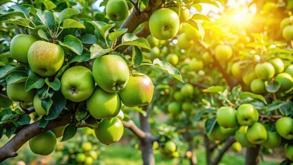 A succulent tree in the lush garden, its branches heavy with vibrant green apples , forbidden fruit, branch,  forbidden fruit