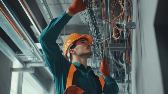 A detailed view of an electrician installing wiring in a smart home project, Smart home construction scene, Home automation style