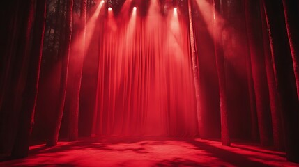 a stage with closed red velvet curtains, dramatically lit by spotlights