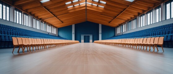 Fototapeta premium Spacious and Modern Indoor Venue with Rows of Wooden Chairs and Natural Light from Skylights