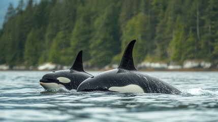 Fototapeta premium Killer whale with her calf in a natural habitat, cold waters, oceanic nature, marine mammals, family bond, wildlife, perfect for advertising, design, and illustrations