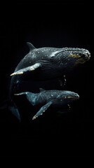 Humpback whale and calf, underwater photography in the deep ocean, wildlife, marine mammals, dark background, close-up, perfect for ecology, design, advertising, and illustrations