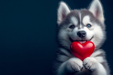 Alaskan malamute - my treasured dog. Digital ads creative. Cute alaskan malamute dog with diamond red heart - sign of love, funny greeting card. Heartwarming pets. Valentine's day inspiration.