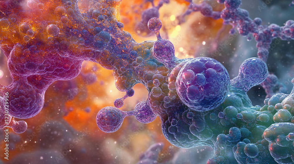 Poster exploring the fascinating world of nanotechnology with colorful molecular structures and complex pat