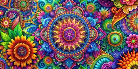 Vibrant floral and geometric motifs intertwined with psychedelic hues and swirling patterns on a psychedelic background, floral designs, geometric shapes