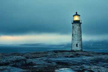 Fototapeta premium Lighted lighthouse on rocky coast at twilight.