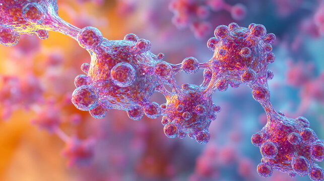 Exploring the complex structure of nanotechnology at the microscopic level showcasing molecular interactions in a vibrant color palette. Generative AI