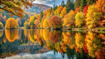 Fototapeta premium Autumn leaves reflected in a serene lake, peaceful, natural beauty, peaceful, natural beauty