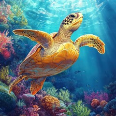Naklejka premium Majestic sea turtle gliding through vibrant coral reef