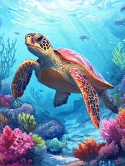Fototapeta premium Colorful sea turtle swimming through vibrant coral reef