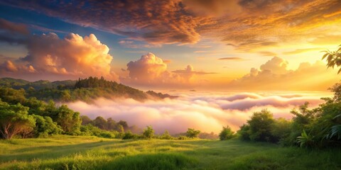 Fototapeta premium Soft pink clouds float gently across a serene landscape at sunset, with warm golden hues and lush greenery in the foreground, sunset, dreamy landscape