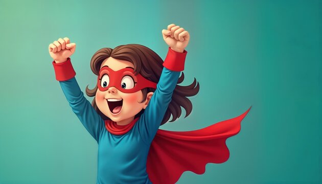 Little girl superhero joyfully celebrates success. Child in vibrant costume holds fists high with happy expression. Child wearing red mask, cape. Studio shot against teal backdrop. Image captures