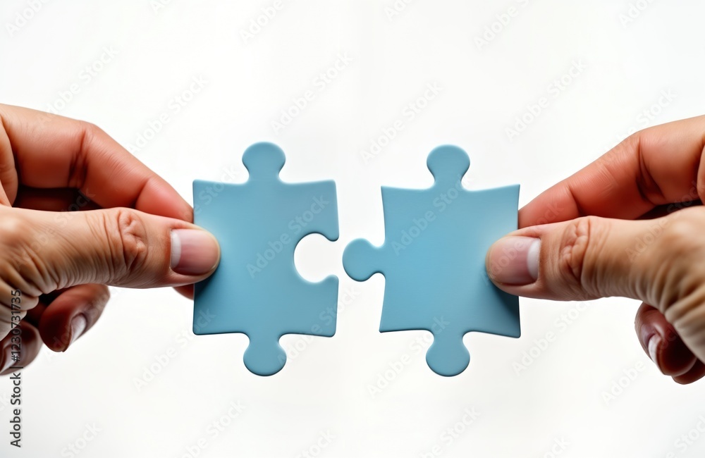 Fototapete two hands hold puzzle pieces. hands connect puzzle pieces. teamwork creates complete image. collabor