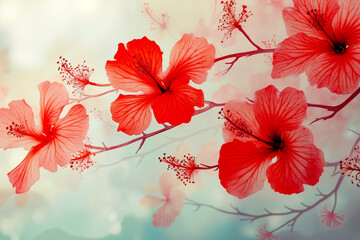 A bunch of red flowers on a branch of a tree
