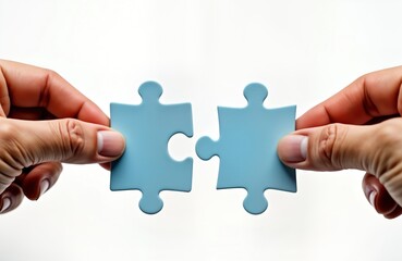 Two hands hold puzzle pieces. Hands connect puzzle pieces. Teamwork creates complete image. Collaboration creates solution. Solution achieved by joining puzzle pieces. Cooperation results in success.