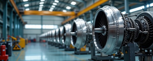 Fototapeta premium Industrial hangar displays advanced machinery manufacturing airplane engines. Rows of complex engine parts in high-tech workshop. Precision engineering, automation crucial in aerospace production