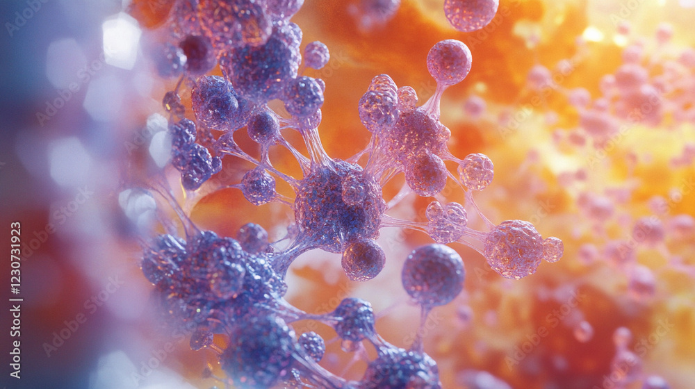 Poster exploring the intricate world of nanotechnology with vibrant structures reflecting advanced scientif