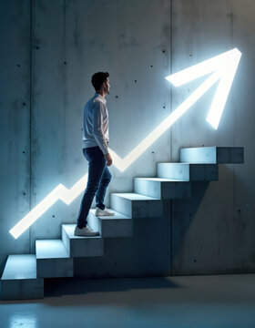 Young business person walks up illuminated arrow stairs in modern interior. Progress, career development concept. Person focused on achieving goals. Indoor scene with concrete walls. Business