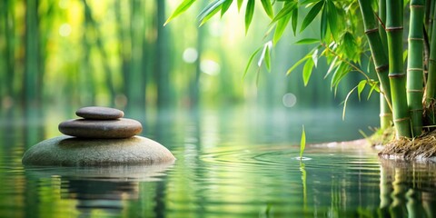 Serene Zen stone surrounded by lush greenery and bamboo in calm water, zen stone, outdoor space, zen stone