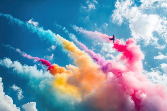 Airplanes perform daring stunts in bright blue sky, leaving colorful smoke trails in various hues during an aerial display. Generative AI