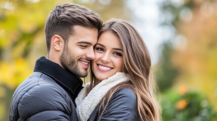 Fototapeta premium Young couple smiling together in a park during autumn with colorful leaves in the background