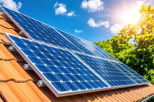 People install solar panels on a residential roof under sunny weather, promoting clean energy in urban settings with blue skies