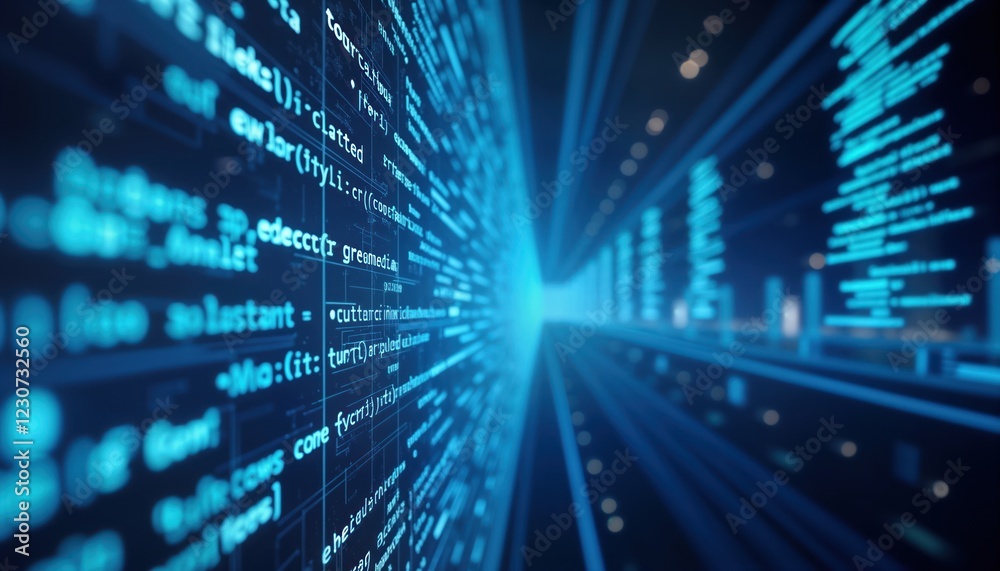 Poster futuristic tech illustration glowing code on large screen. dynamic display shows abstract data strea