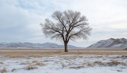 Lone tree in snowy field with mountain backdrop.