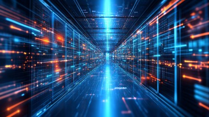 Obraz premium Abstract Digital Data Stream Corridor with Glowing Blue and Orange Lights