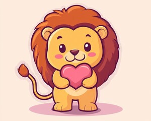 Obraz premium Cute lion cub holding heart; Valentine's Day card (1)