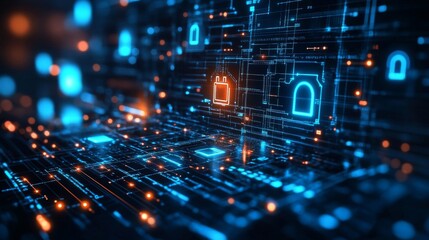 Obraz premium Abstract Digital Network Security Background With Glowing Blue And Orange Lines