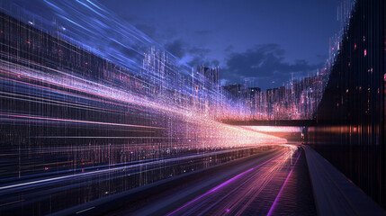 Digital information manifests as light trails in a vibrant cityscape during twilight, showcasing dynamic movement and modernity in urban settings. Generative AI