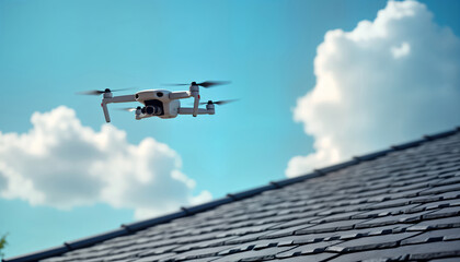 White drone flies high above gray tiled roof under clear blue sky. Sunny day. Aerial view. Tech innovation in action. Property inspection. Home assessment. Real estate.