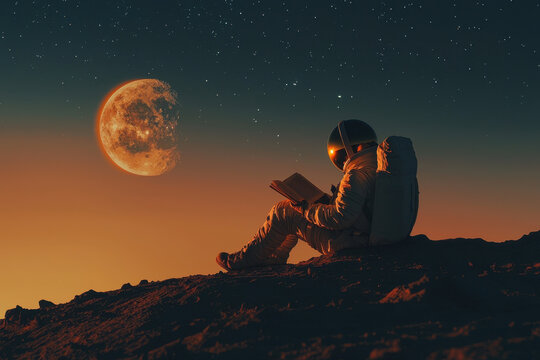 Astronaut reading a book on a distant planet under a glowing moon