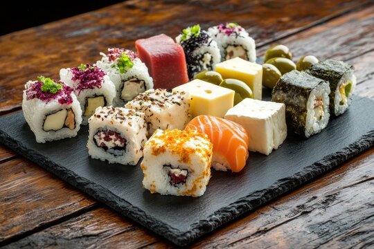 Assorted sushi rolls and cheese cubes artfully arranged on a dark slate plate, a delicious culinary fusion.