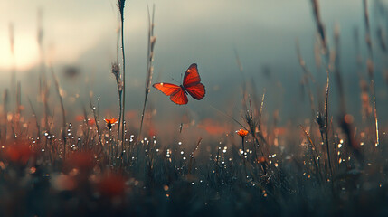   A red butterfly soaring above a sea of green grass, with the letter M prominently displayed on its wings