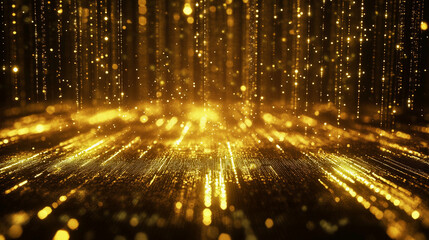 Exploring the future of cryptocurrency with a dynamic background of shimmering golden lights and digital particles in a contemporary setting. Generative AI